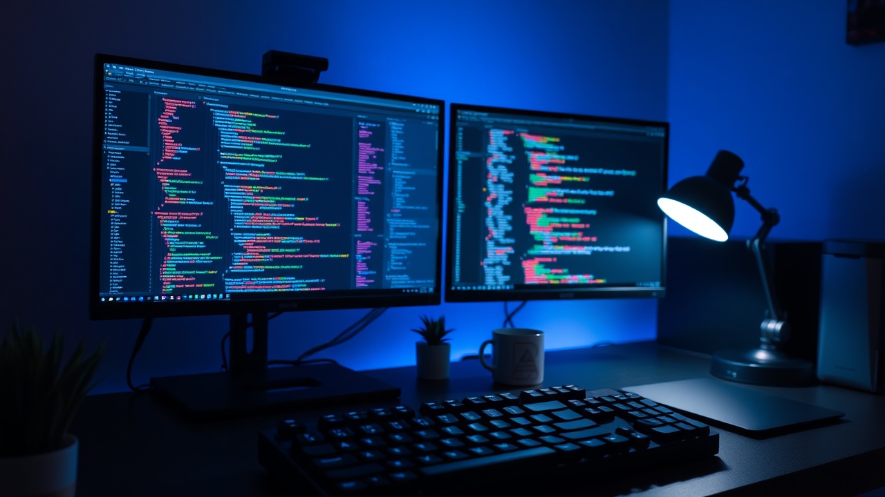 Developer working on a dual monitor setup coding a full-stack web application